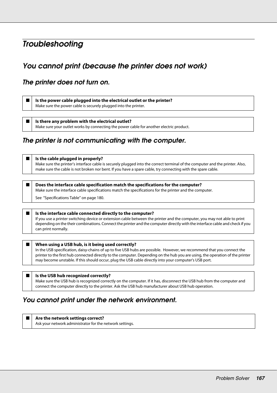 Troubleshooting | Epson S70670 User Manual | Page 167 / 193