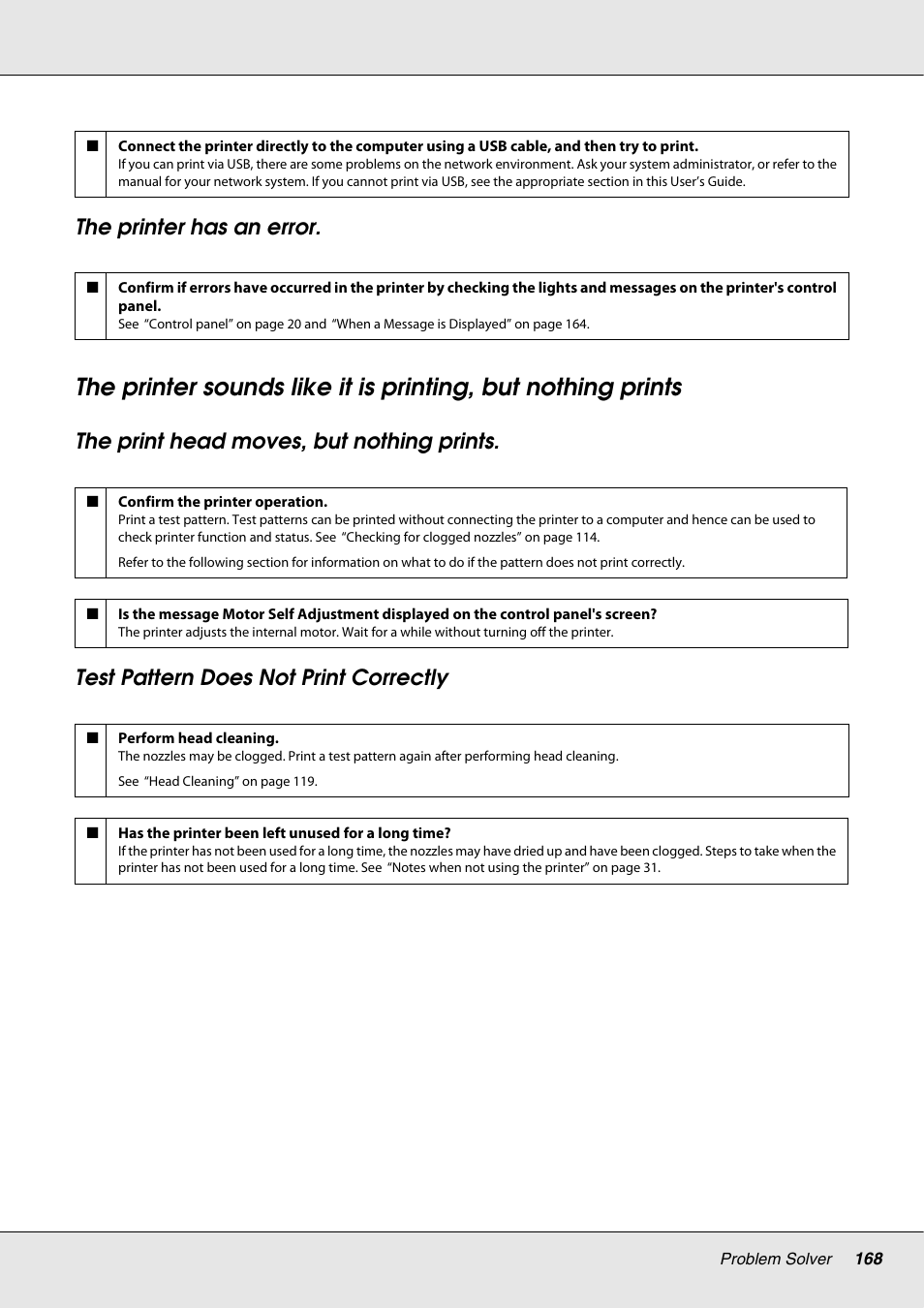 The printer has an error | Epson S70670 User Manual | Page 168 / 193