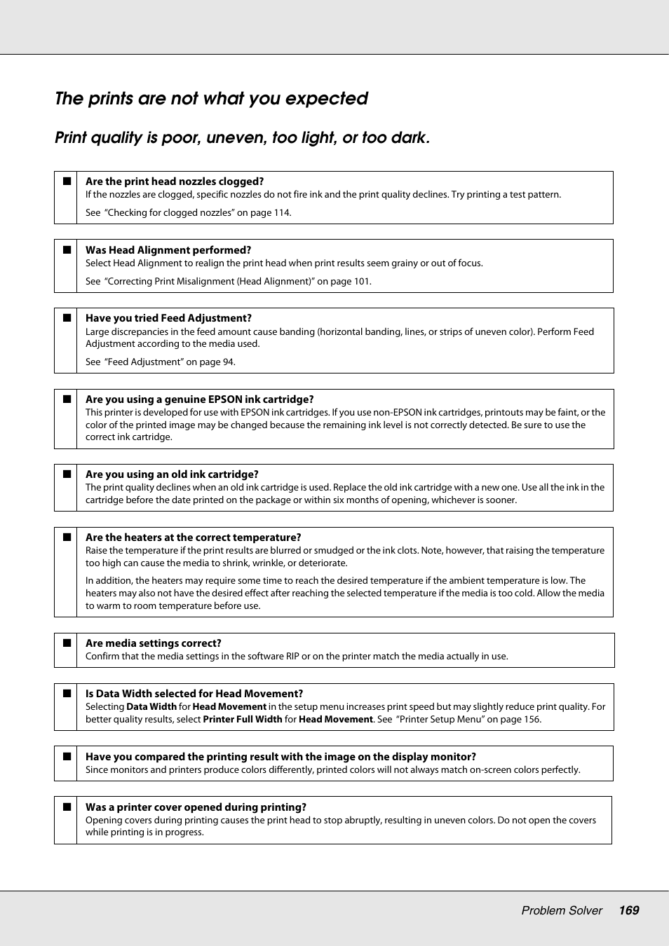 The prints are not what you expected | Epson S70670 User Manual | Page 169 / 193