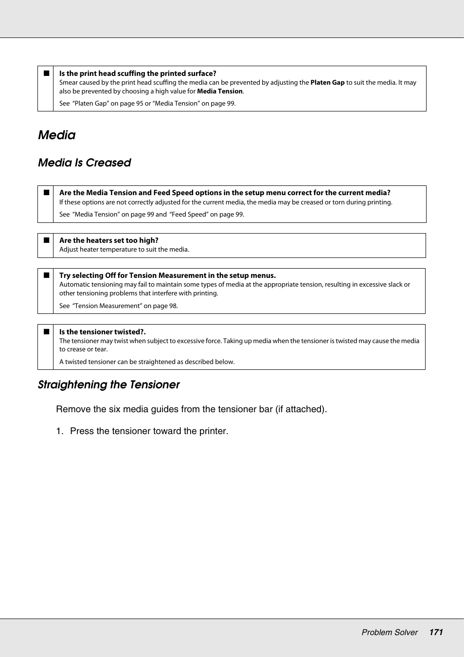 Media, Media is creased straightening the tensioner | Epson S70670 User Manual | Page 171 / 193