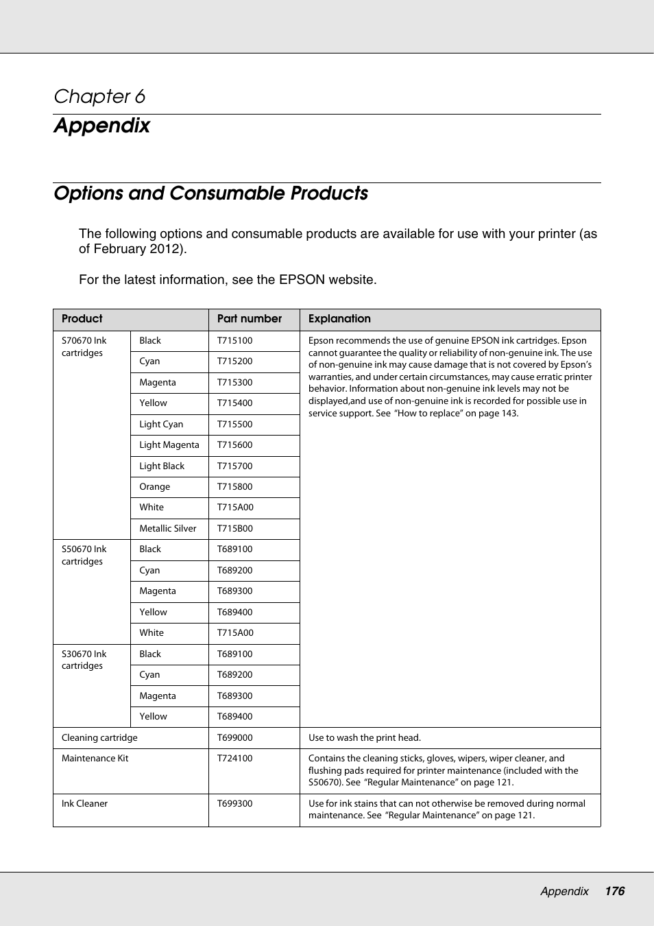 Appendix, Options and consumable products, Chapter 6 appendix | Chapter 6 | Epson S70670 User Manual | Page 176 / 193