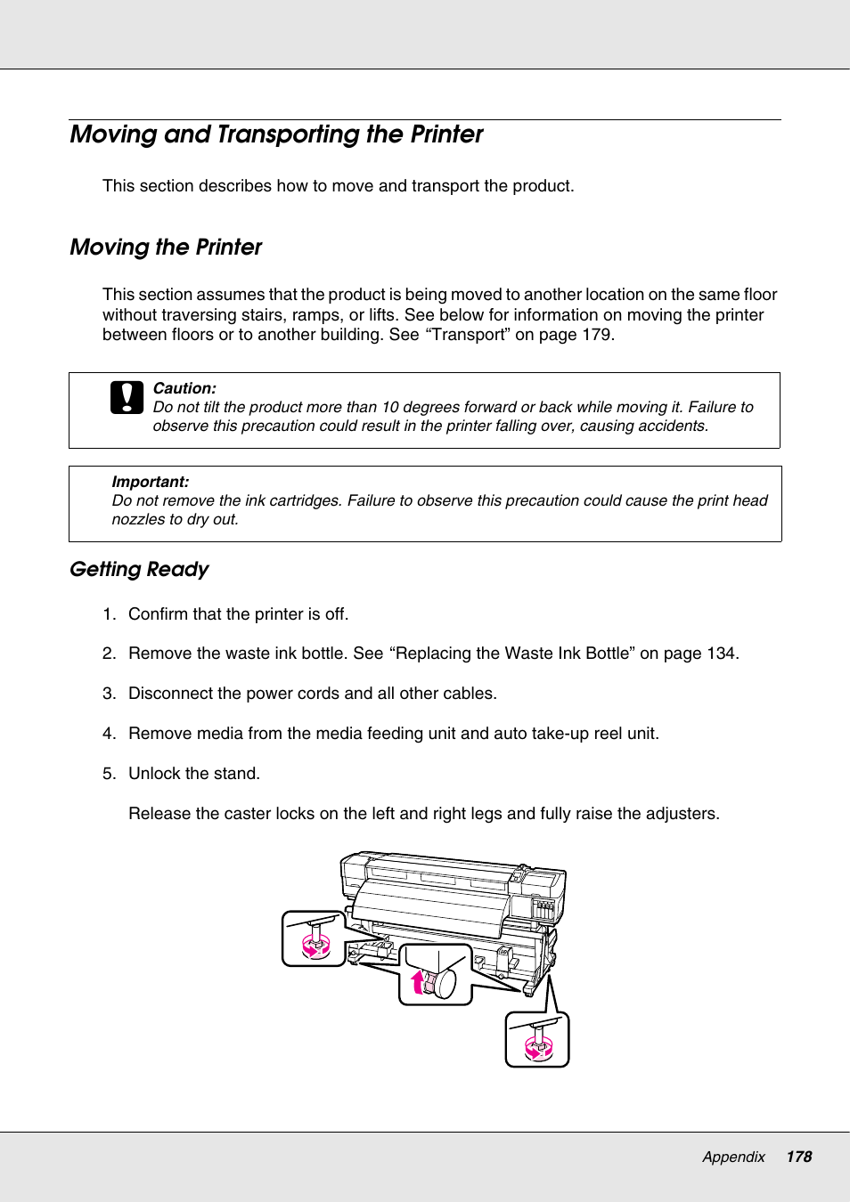 Moving and transporting the printer, Moving the printer | Epson S70670 User Manual | Page 178 / 193