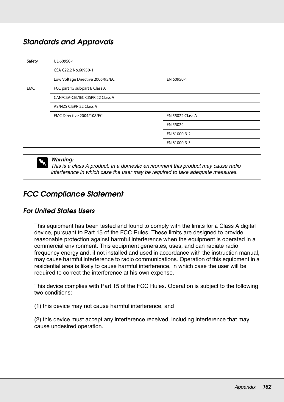 Standards and approvals, Fcc compliance statement, Standards and approvals fcc compliance statement | For united states users | Epson S70670 User Manual | Page 182 / 193