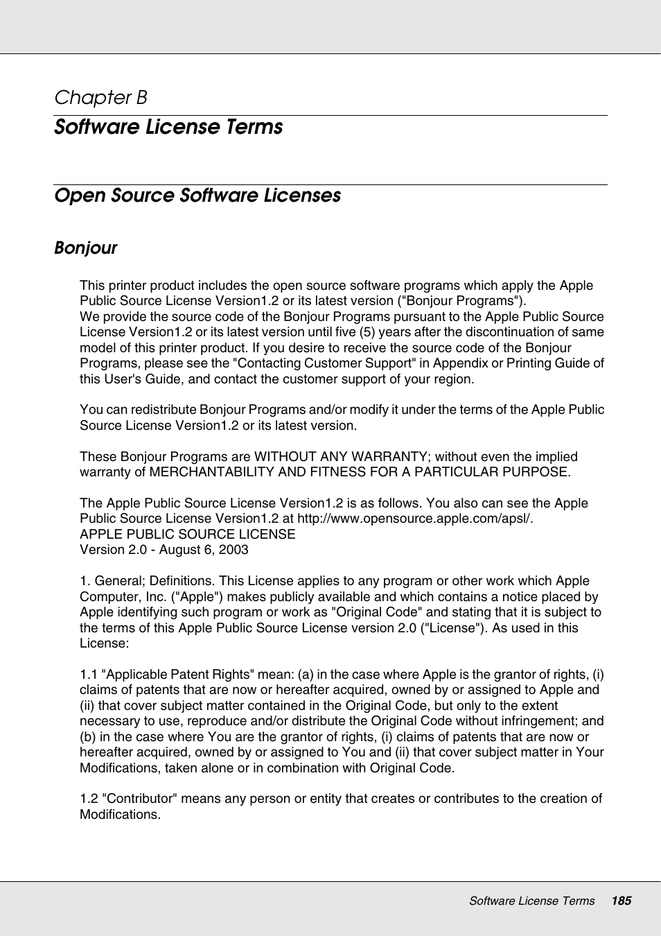 Software license terms, Open source software licenses, Bonjour | Chapter b software license terms, Chapter b | Epson S70670 User Manual | Page 185 / 193