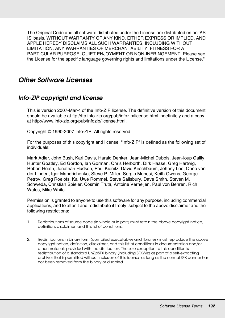 Other software licenses, Info-zip copyright and license | Epson S70670 User Manual | Page 192 / 193