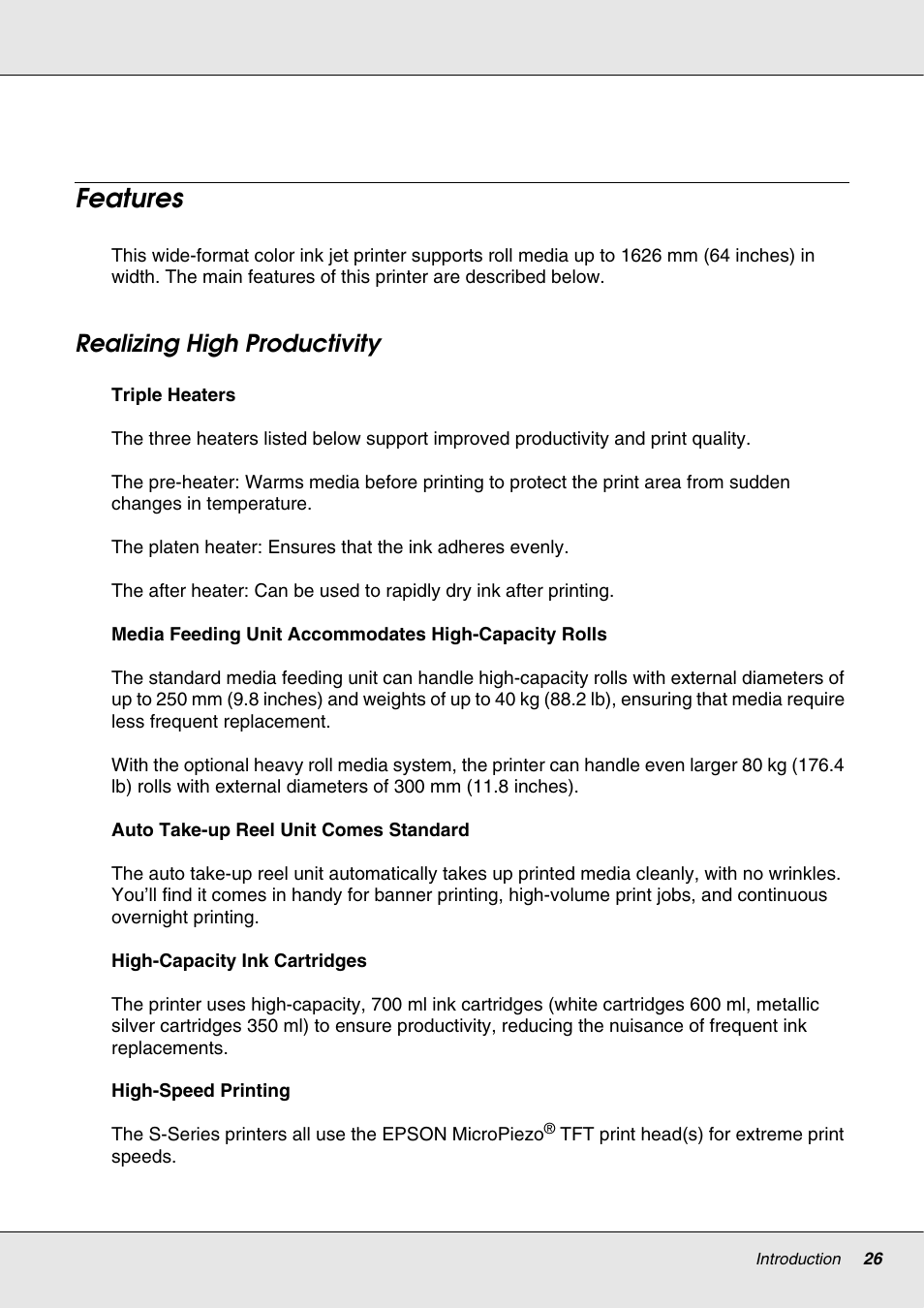 Features, Realizing high productivity | Epson S70670 User Manual | Page 26 / 193