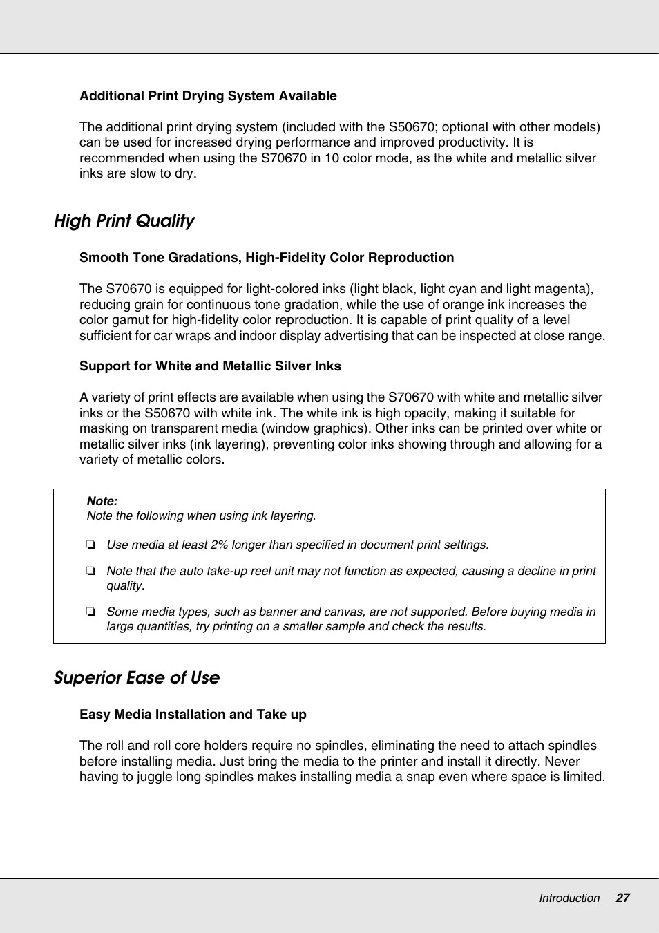 High print quality, Superior ease of use, High print quality superior ease of use | Epson S70670 User Manual | Page 27 / 193