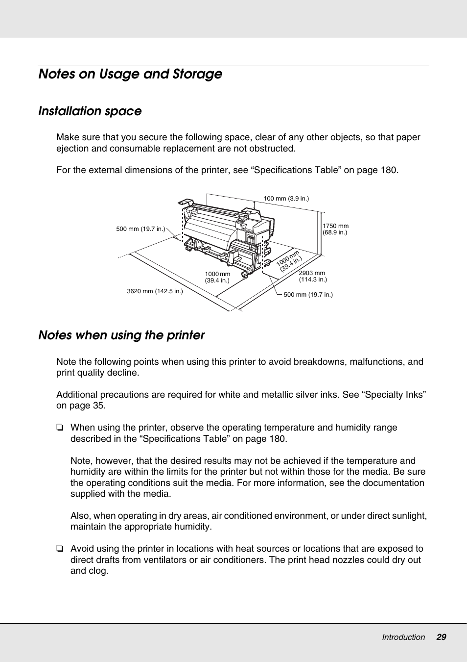 Notes on usage and storage, Installation space, Notes when using the printer | Installation space notes when using the printer | Epson S70670 User Manual | Page 29 / 193