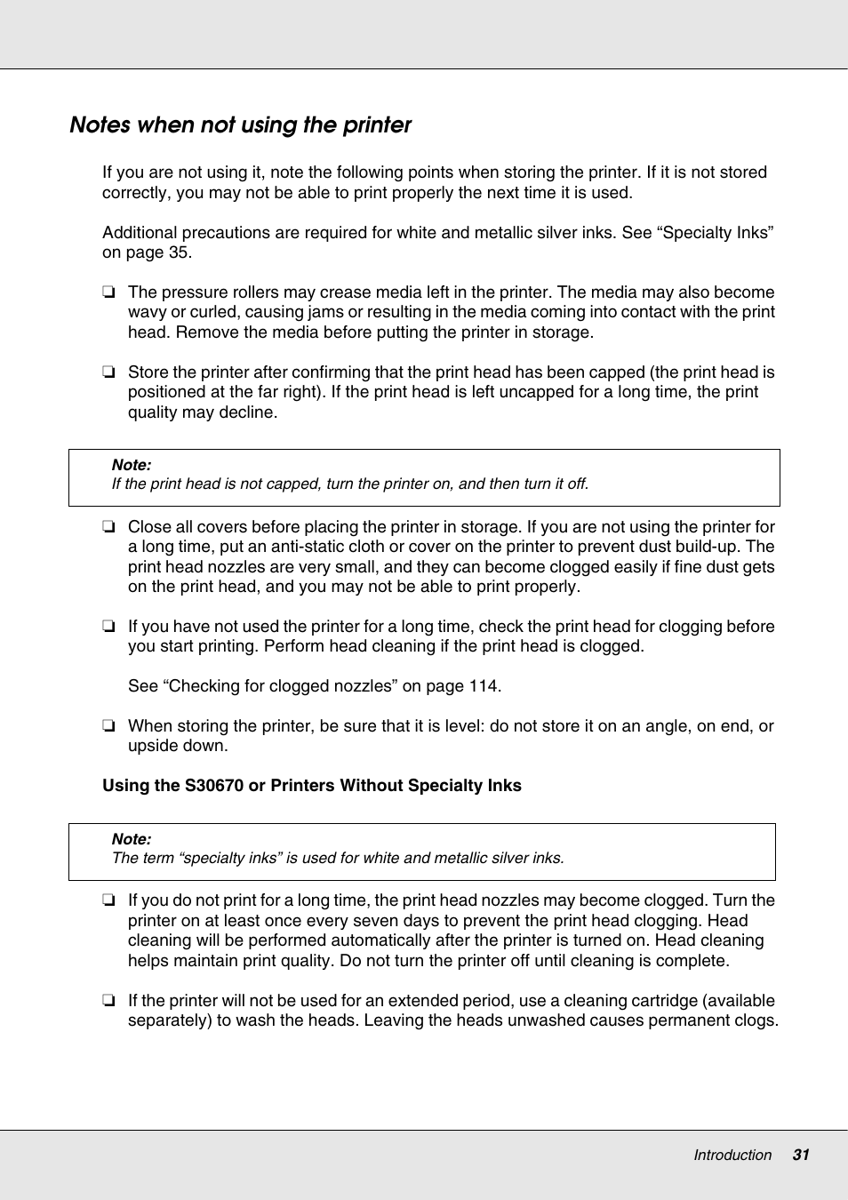 Notes when not using the printer | Epson S70670 User Manual | Page 31 / 193