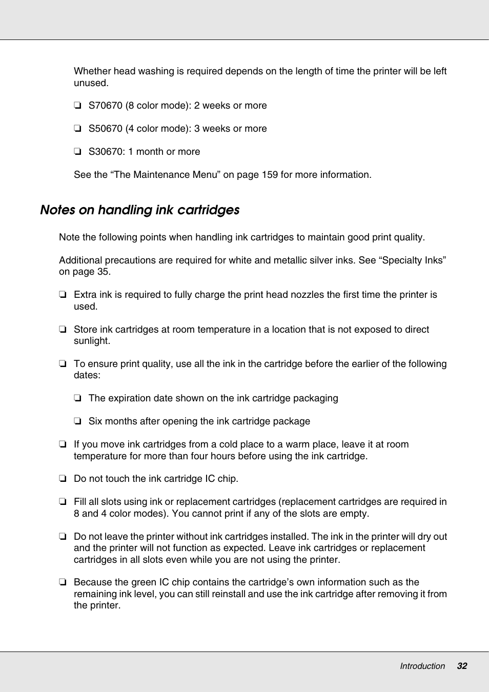 Notes on handling ink cartridges | Epson S70670 User Manual | Page 32 / 193