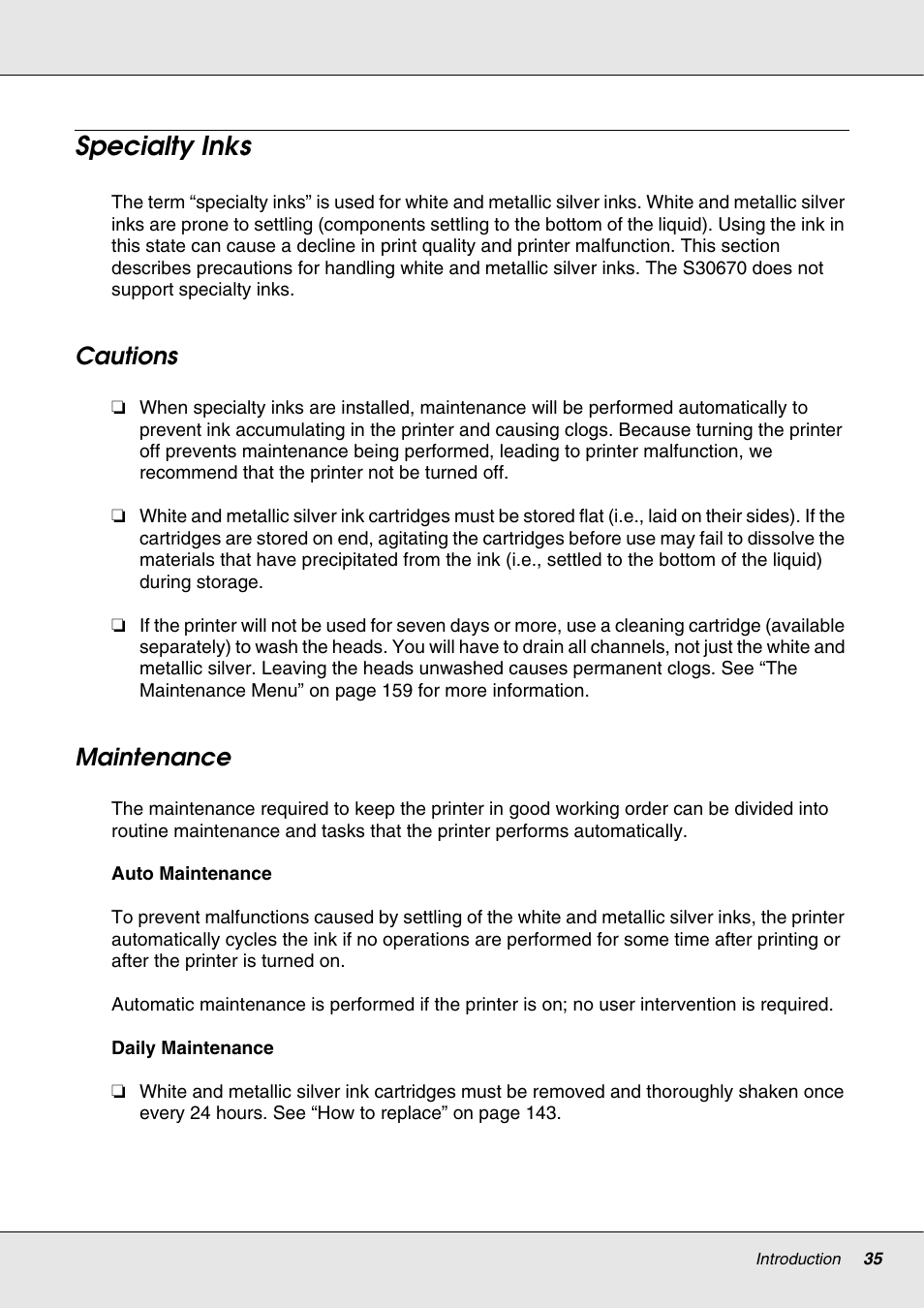 Specialty inks, Cautions, Maintenance | Cautions maintenance | Epson S70670 User Manual | Page 35 / 193