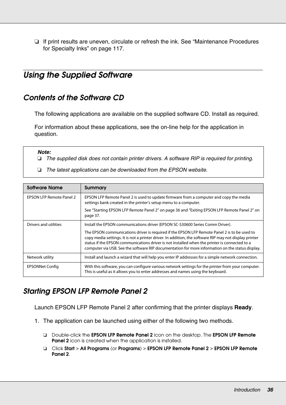 Using the supplied software, Contents of the software cd, Starting epson lfp remote panel 2 | Epson S70670 User Manual | Page 36 / 193