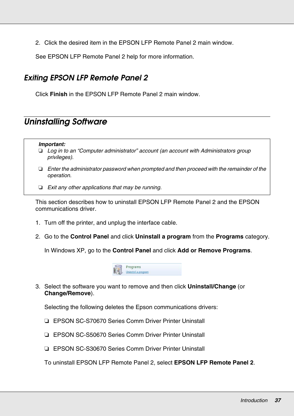 Exiting epson lfp remote panel 2, Uninstalling software | Epson S70670 User Manual | Page 37 / 193