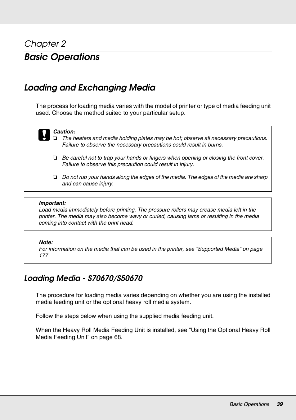 Basic operations, Loading and exchanging media, Loading media - s70670/s50670 | Chapter 2 basic operations, Chapter 2 | Epson S70670 User Manual | Page 39 / 193