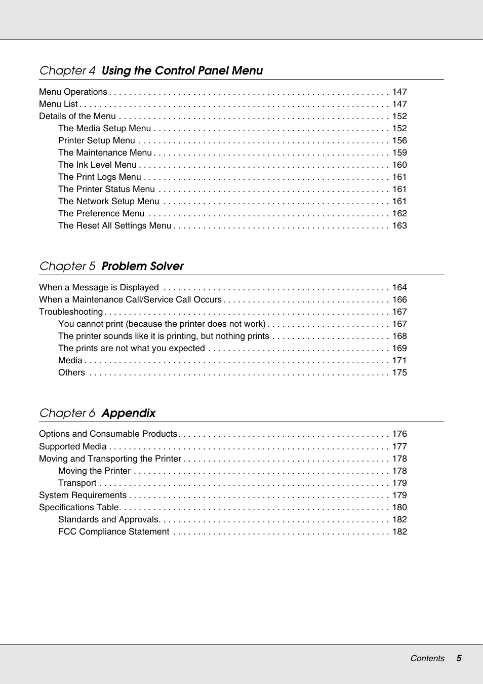 Chapter 4 using the control panel menu, Chapter 5 problem solver, Chapter 6 appendix | Epson S70670 User Manual | Page 5 / 193