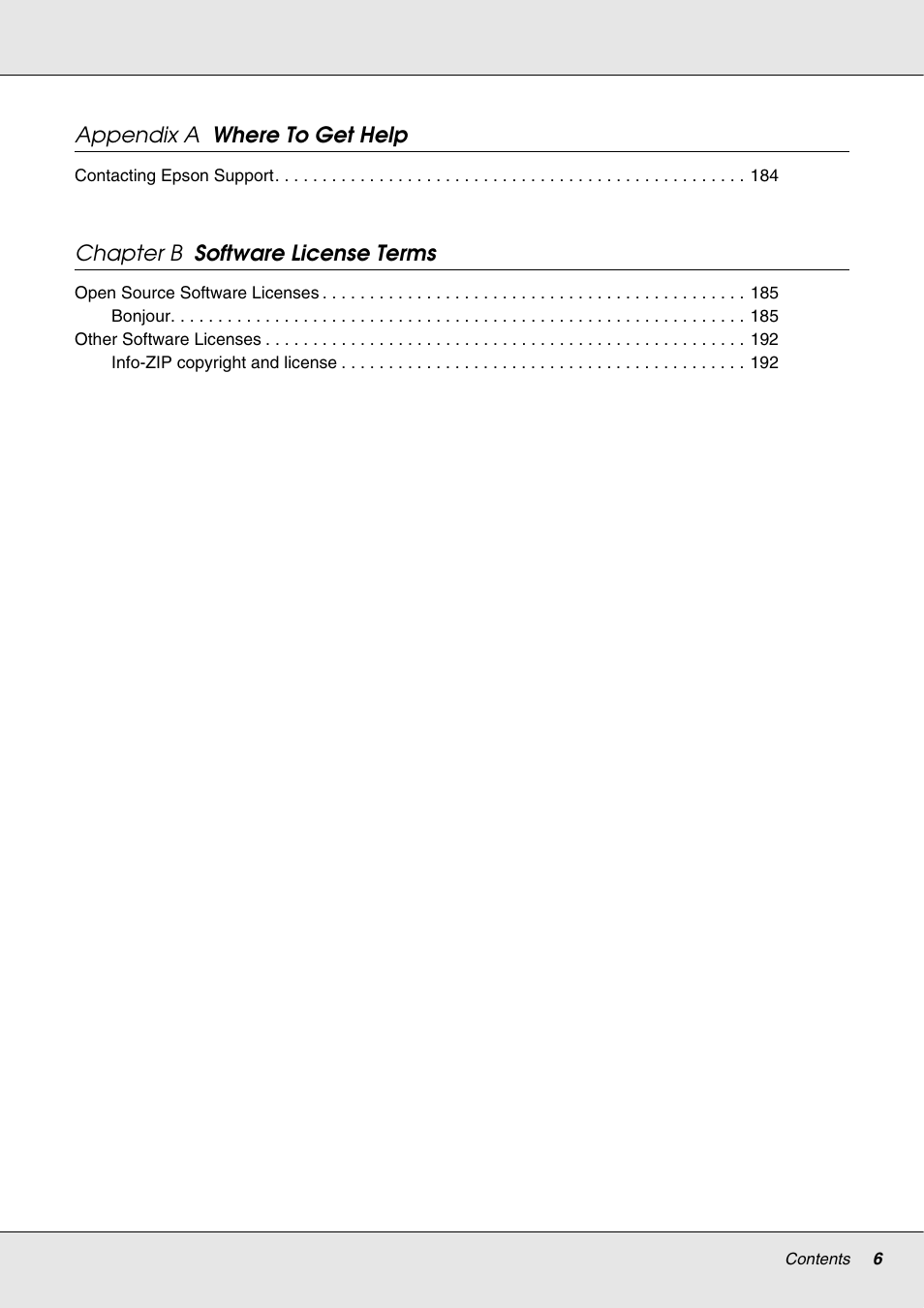 Appendix a where to get help, Chapter b software license terms | Epson S70670 User Manual | Page 6 / 193