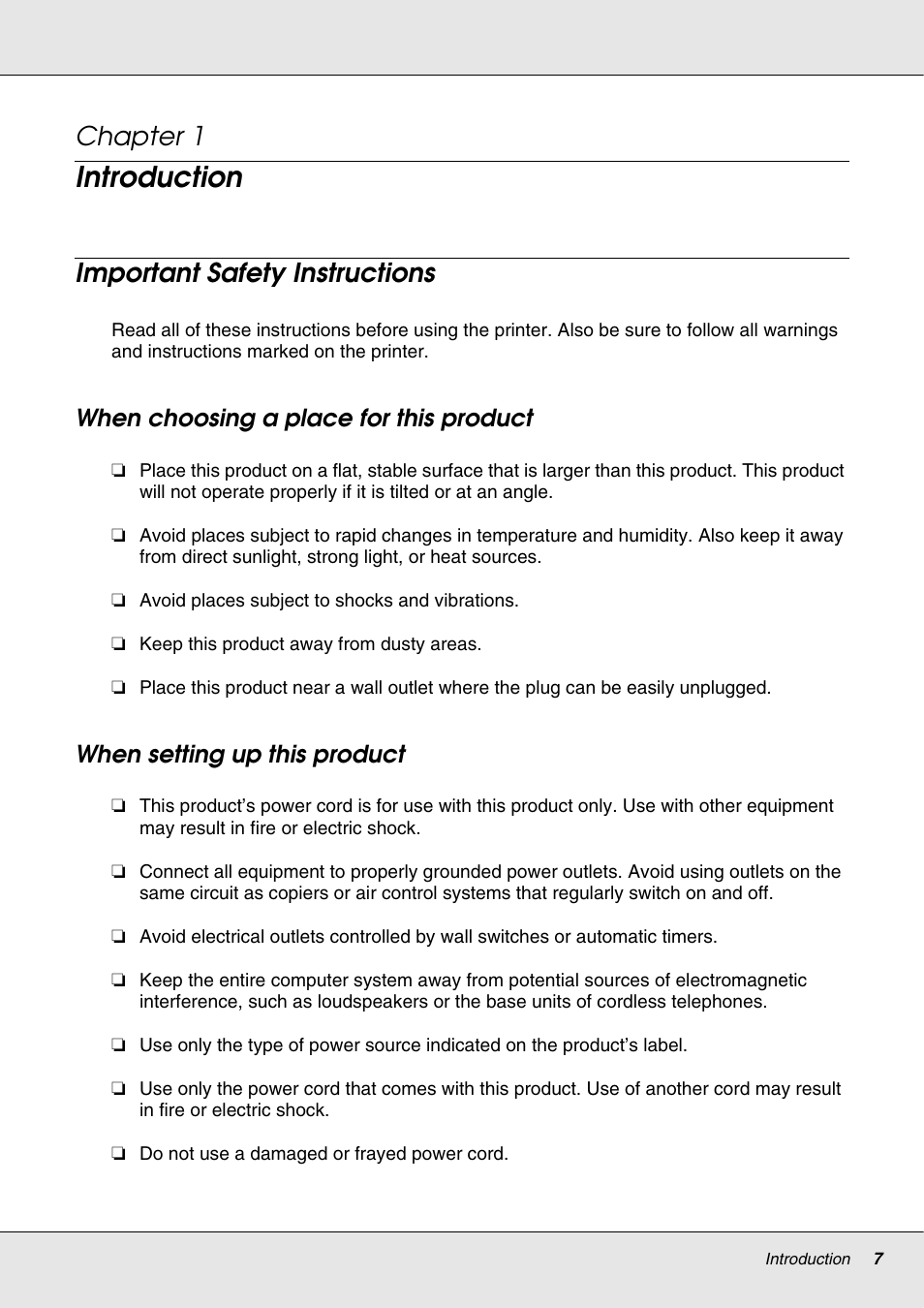 Introduction, Important safety instructions, When choosing a place for this product | When setting up this product, Chapter 1 introduction, Chapter 1 | Epson S70670 User Manual | Page 7 / 193