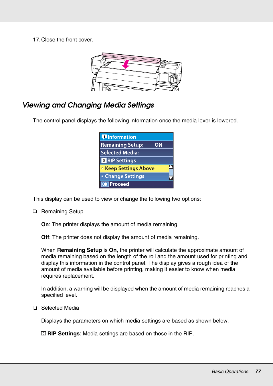 Viewing and changing media settings | Epson S70670 User Manual | Page 77 / 193