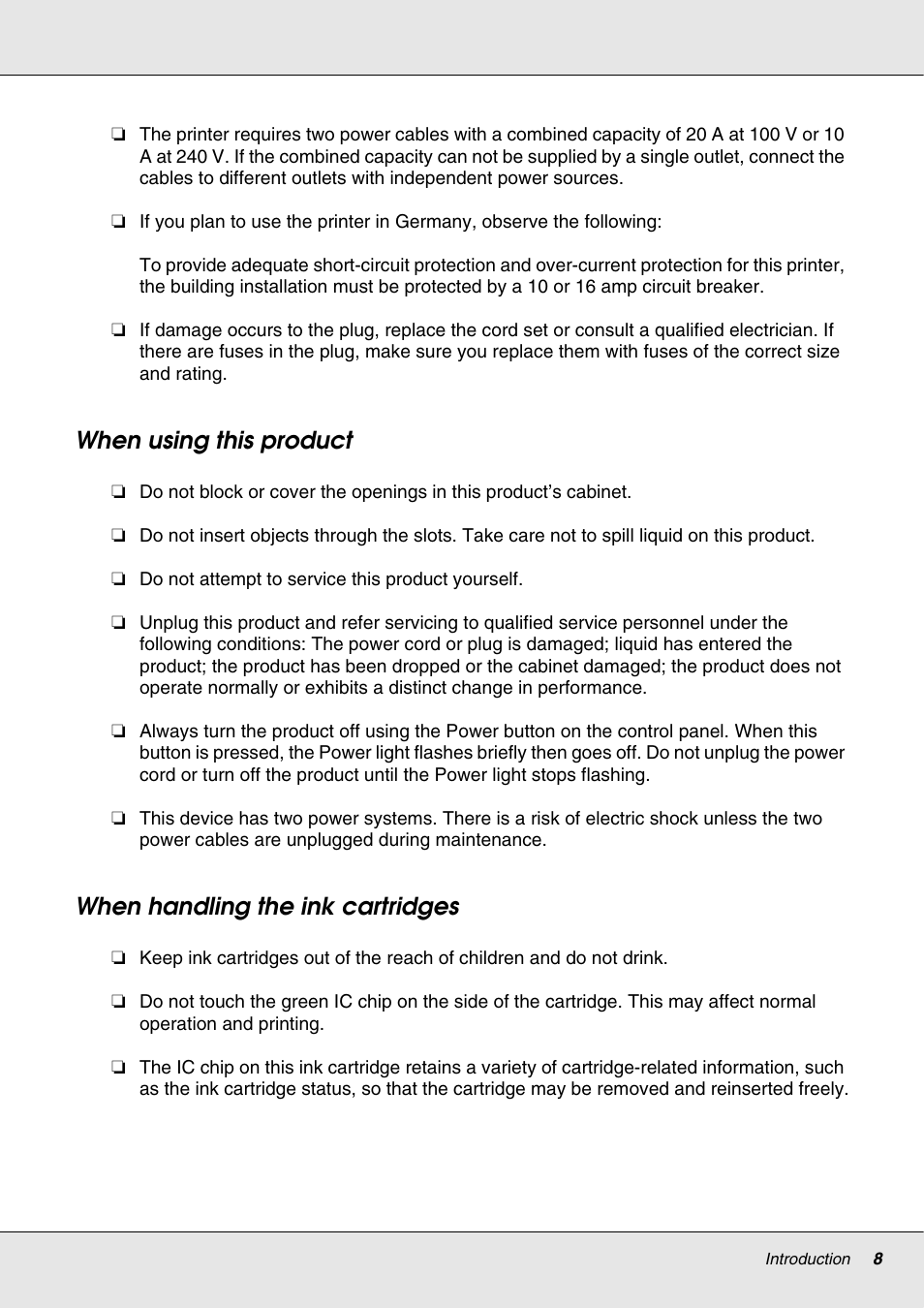 When using this product, When handling the ink cartridges | Epson S70670 User Manual | Page 8 / 193