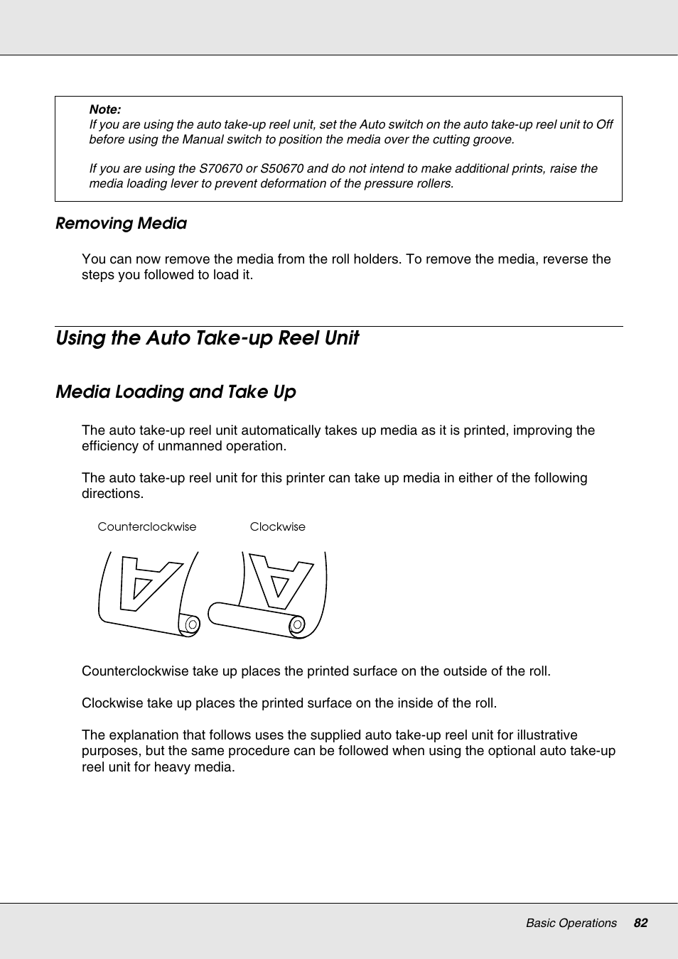 Using the auto take-up reel unit, Media loading and take up | Epson S70670 User Manual | Page 82 / 193