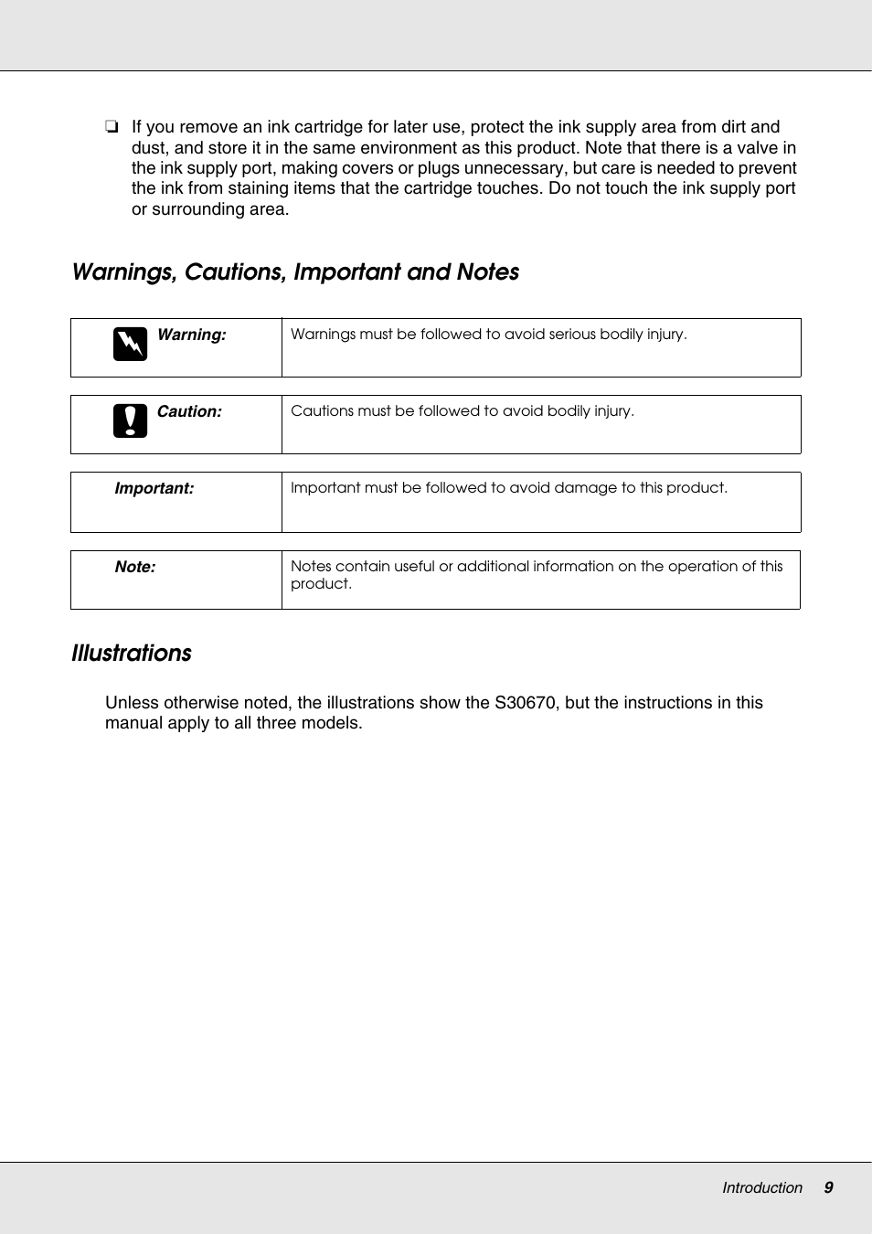 Warnings, cautions, important and notes, Illustrations | Epson S70670 User Manual | Page 9 / 193