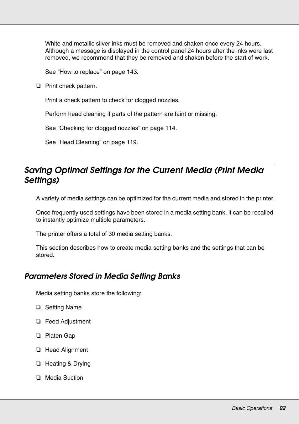 Parameters stored in media setting banks | Epson S70670 User Manual | Page 92 / 193