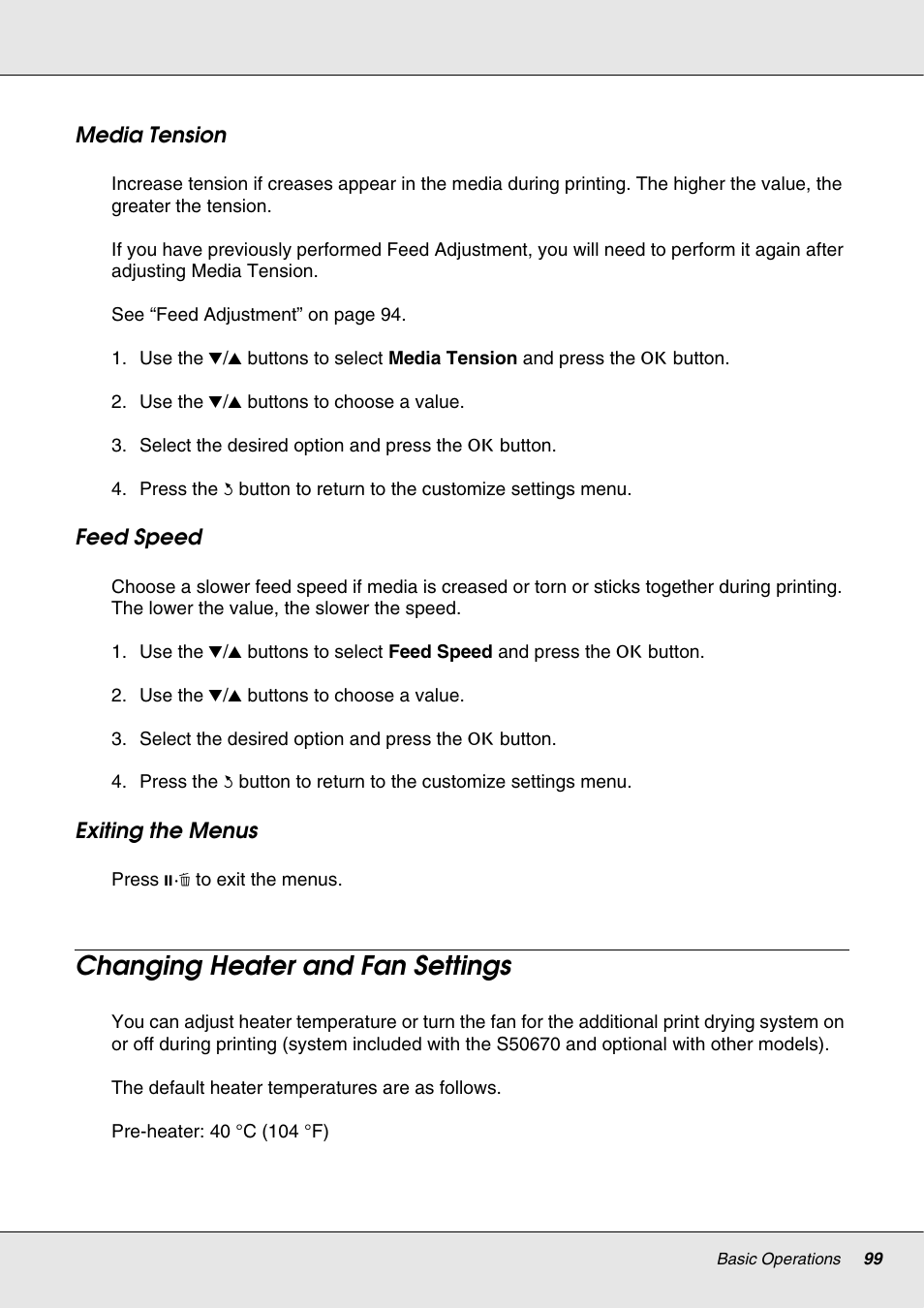 Changing heater and fan settings | Epson S70670 User Manual | Page 99 / 193