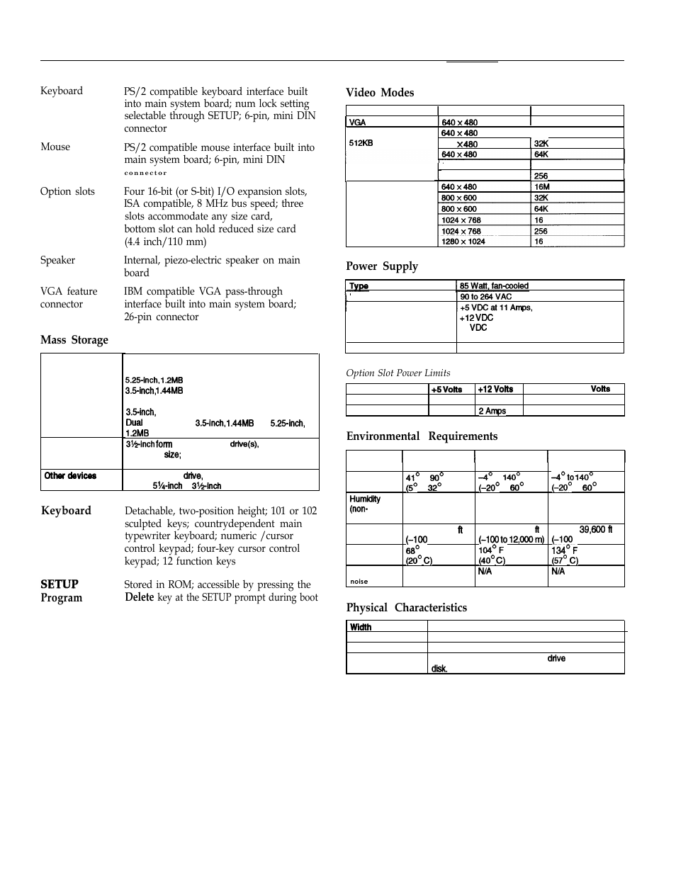Mass storage, Keyboard, Setup program | Video modes, Power supply, Environmental requirements, Physical characteristics, Epson equity 4, Program delete | Epson Equity 4+ User Manual | Page 2 / 8
