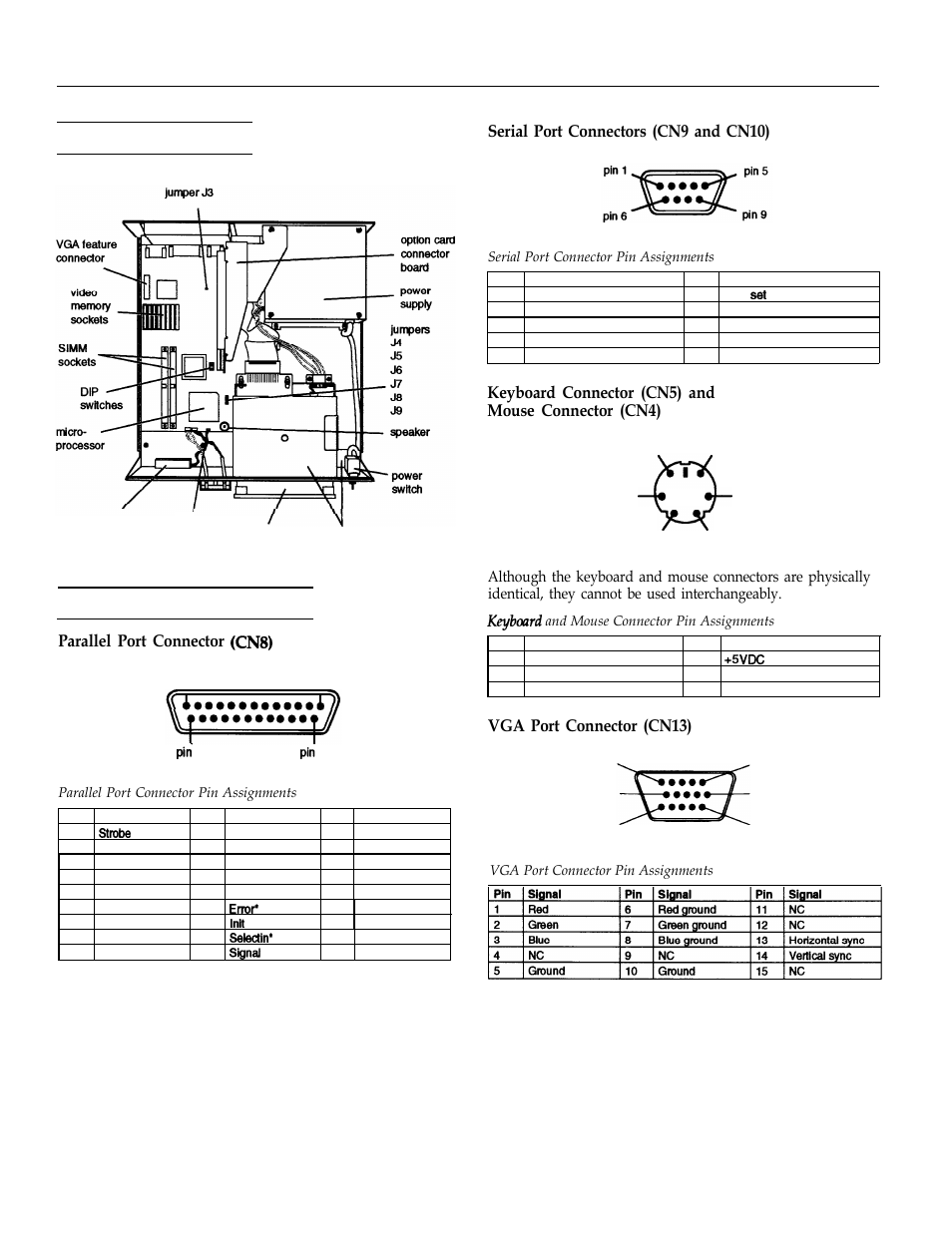 Major subassemblies, Connector pin assignments, Parallel port connector (cns) | Serial port connectors (cn9 and cn10), Keyboard connector (cn5) and mouse connector (cn4), Vga port connector (cn13), Epson equity 4, Parallel port connector | Epson Equity 4+ User Manual | Page 4 / 8
