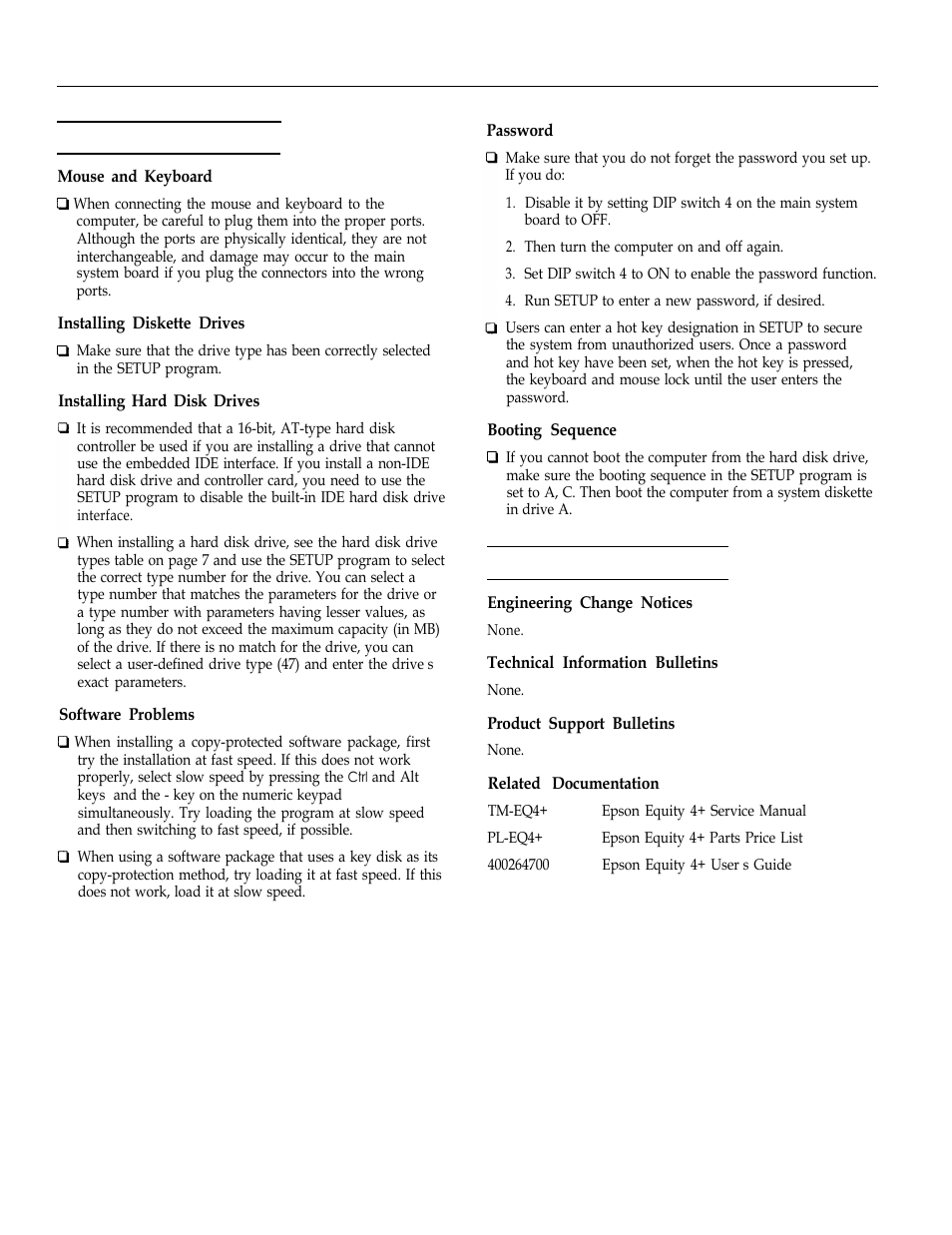 Installation / support tips, Mouse and keyboard, Installing diskette drives | Installing hard disk drives, Software problems, Password, Booting sequence, Information reference list, Related documentation, Lnstallation / support tips | Epson Equity 4+ User Manual | Page 8 / 8