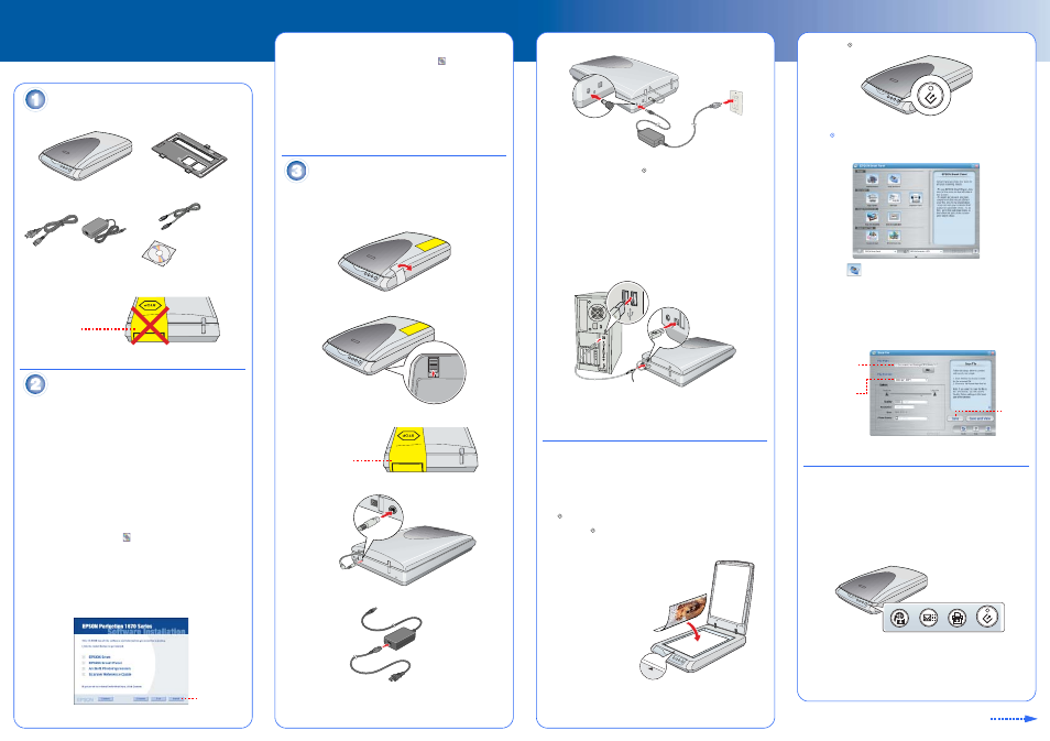 Connect the scanner, Start here, Scanner basics | Turn over, Unpack your scanner, Install the software, Your first scan, Using the scanner buttons, Epson perfection, 1670 photo | Epson Perfection Photo Scaner 1670 User Manual | Page 2 / 8