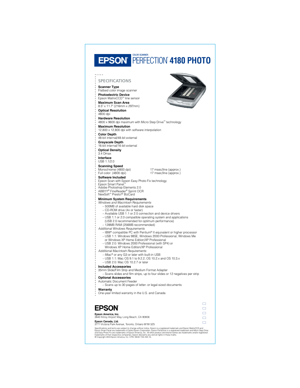 Perfection, 4180 photo, Specifications | Epson H6441 User Manual | Page 2 / 2