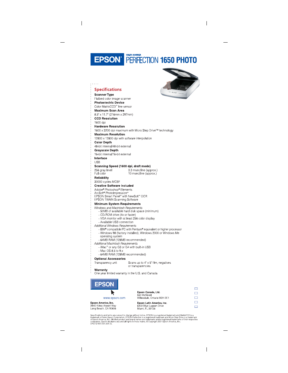 Perfection 1650 photo, Epson, Perfection | 1650 photo, Specifications | Epson 1650 User Manual | Page 2 / 2