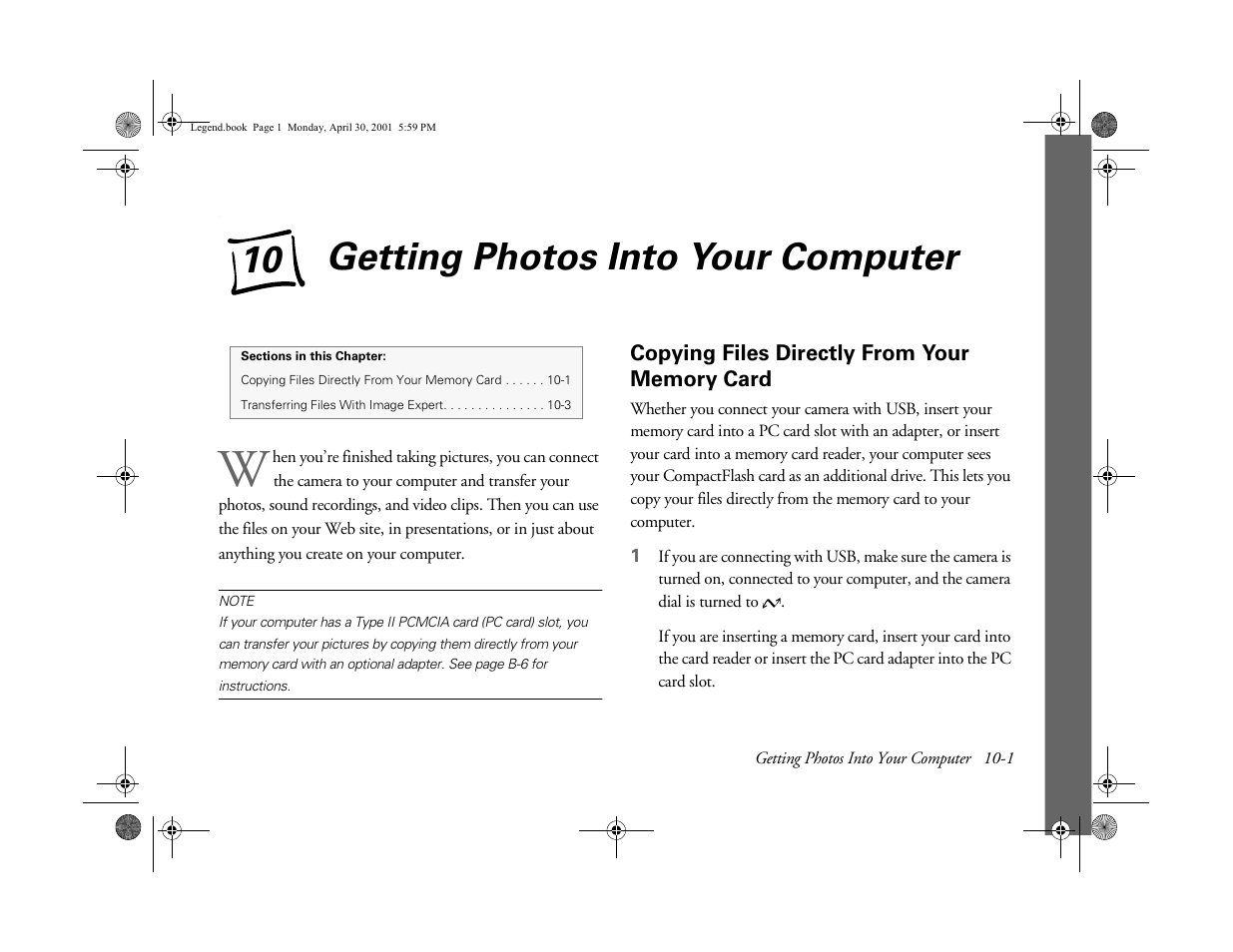 Copying files directly from your memory card, Chap 10-getting photos into your computer, 10 getting photos into your computer | Copying files directly from your memory card 10-1, Chapter 10), Getting photos into your computer, Ab usi ng y o ur camera | Epson PhotoPC 3100Z User Manual | Page 101 / 193