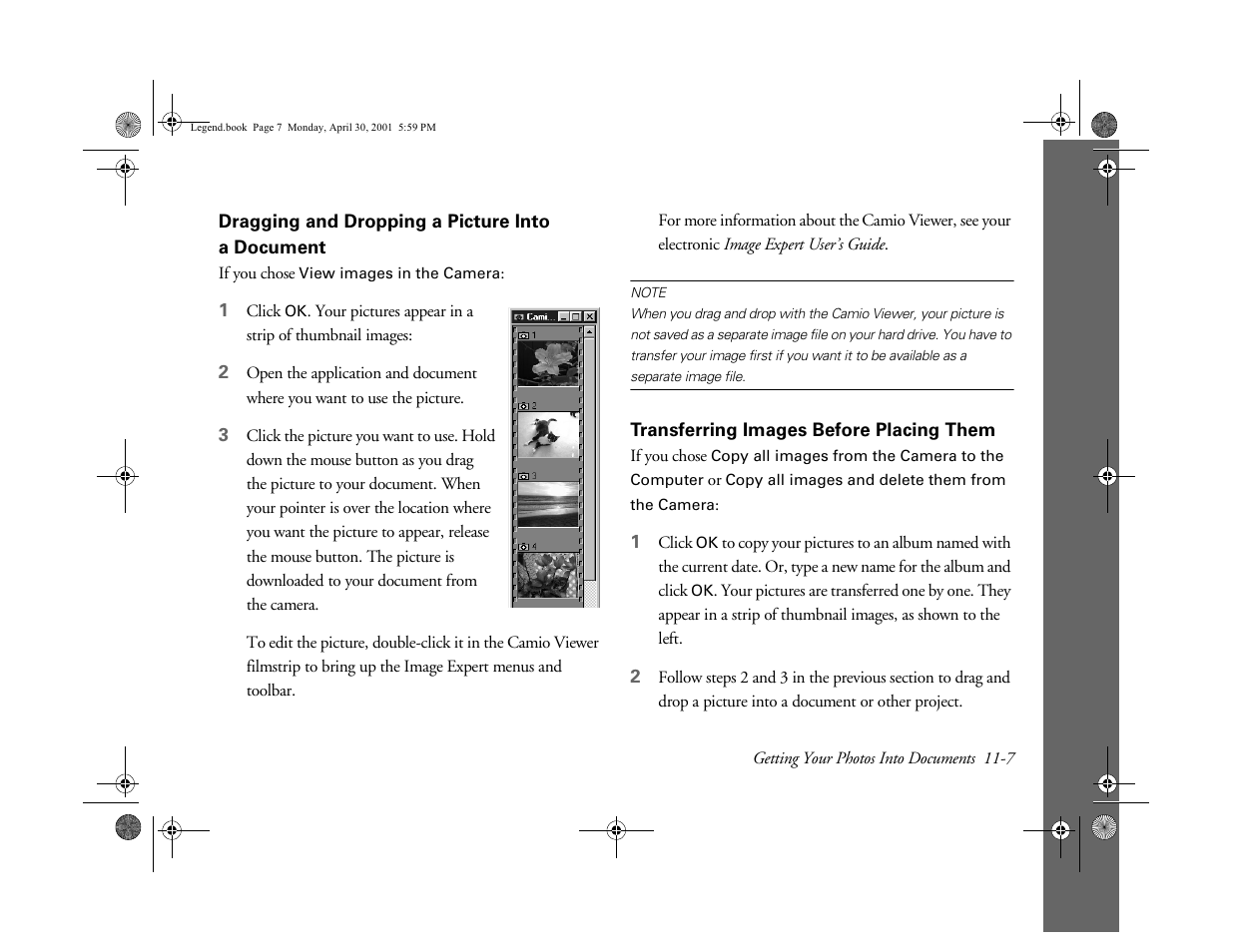 Dragging and dropping a picture into a document, Transferring images before placing them, Dragging and dropping a picture into | A document | Epson PhotoPC 3100Z User Manual | Page 113 / 193