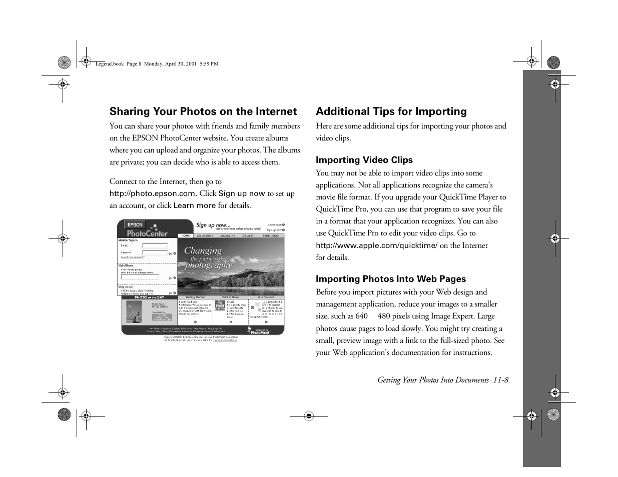 Sharing your photos on the internet, Additional tips for importing, Importing video clips | Additional tips for importing | Epson PhotoPC 3100Z User Manual | Page 114 / 193