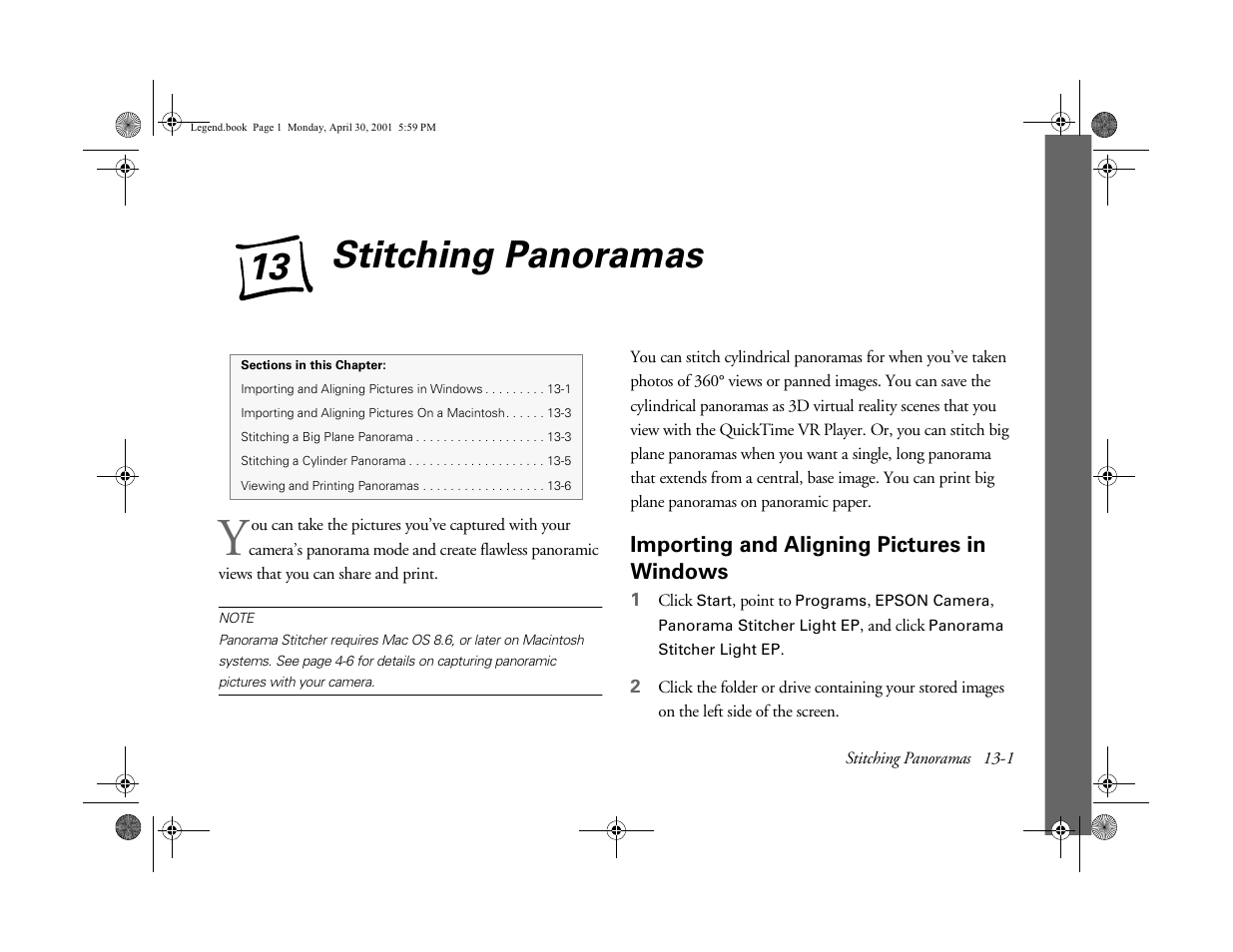 Chap 13-stitching panoramas, Importing and aligning pictures in windows, 13 stitching panoramas | 13 stitching, Panoramas, Stitching panoramas, Ab usi ng y o ur camera | Epson PhotoPC 3100Z User Manual | Page 119 / 193
