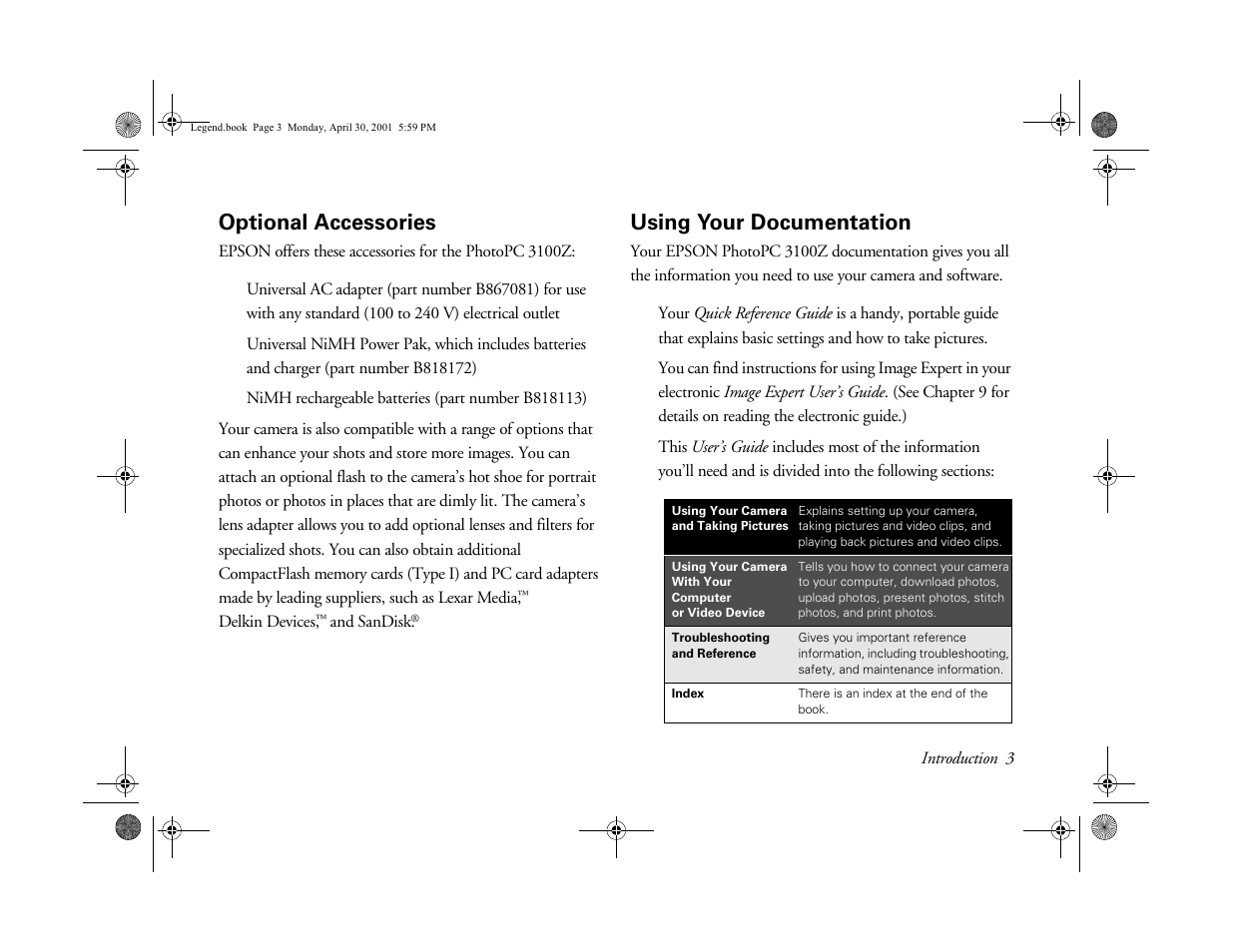 Optional accessories, Using your documentation, Intro-3 | Epson PhotoPC 3100Z User Manual | Page 12 / 193