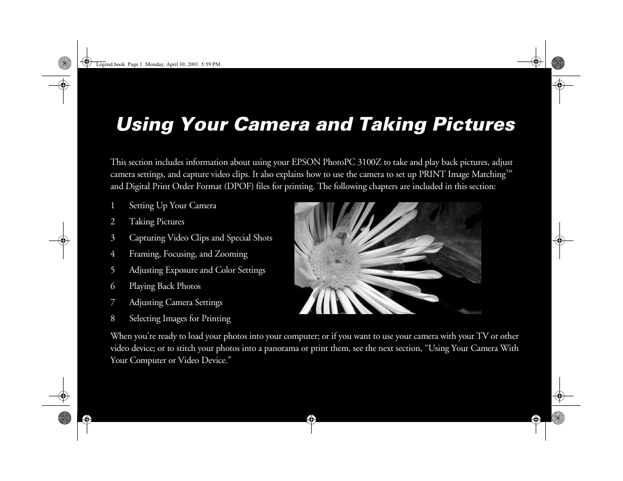 Using your camera and taking pictures, Section 1: using your camera and taking pictures, Ab usi ng y o ur camera | Epson PhotoPC 3100Z User Manual | Page 13 / 193