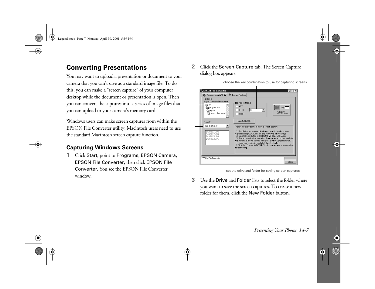 Converting presentations, Capturing windows screens | Epson PhotoPC 3100Z User Manual | Page 131 / 193