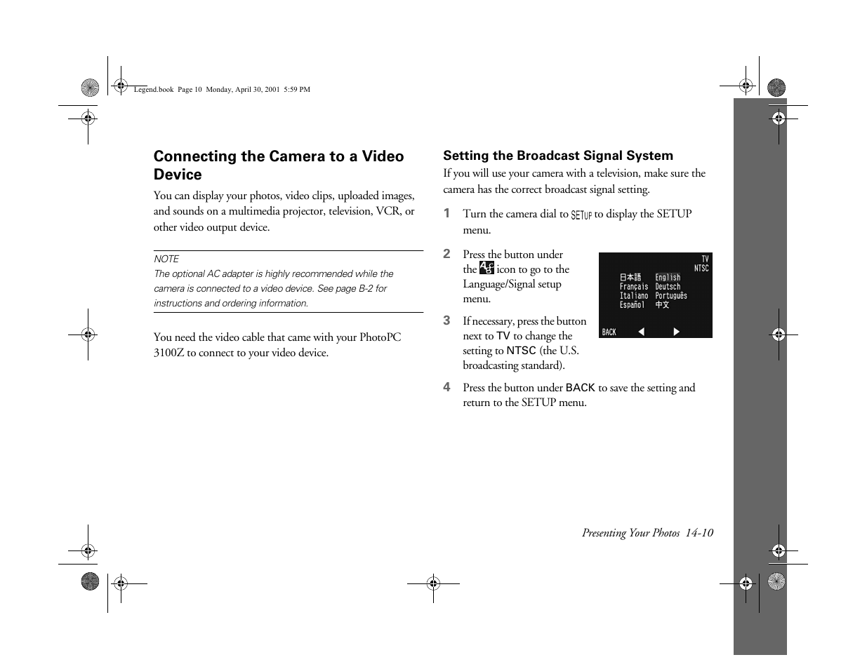 Connecting the camera to a video device, Setting the broadcast signal system | Epson PhotoPC 3100Z User Manual | Page 134 / 193