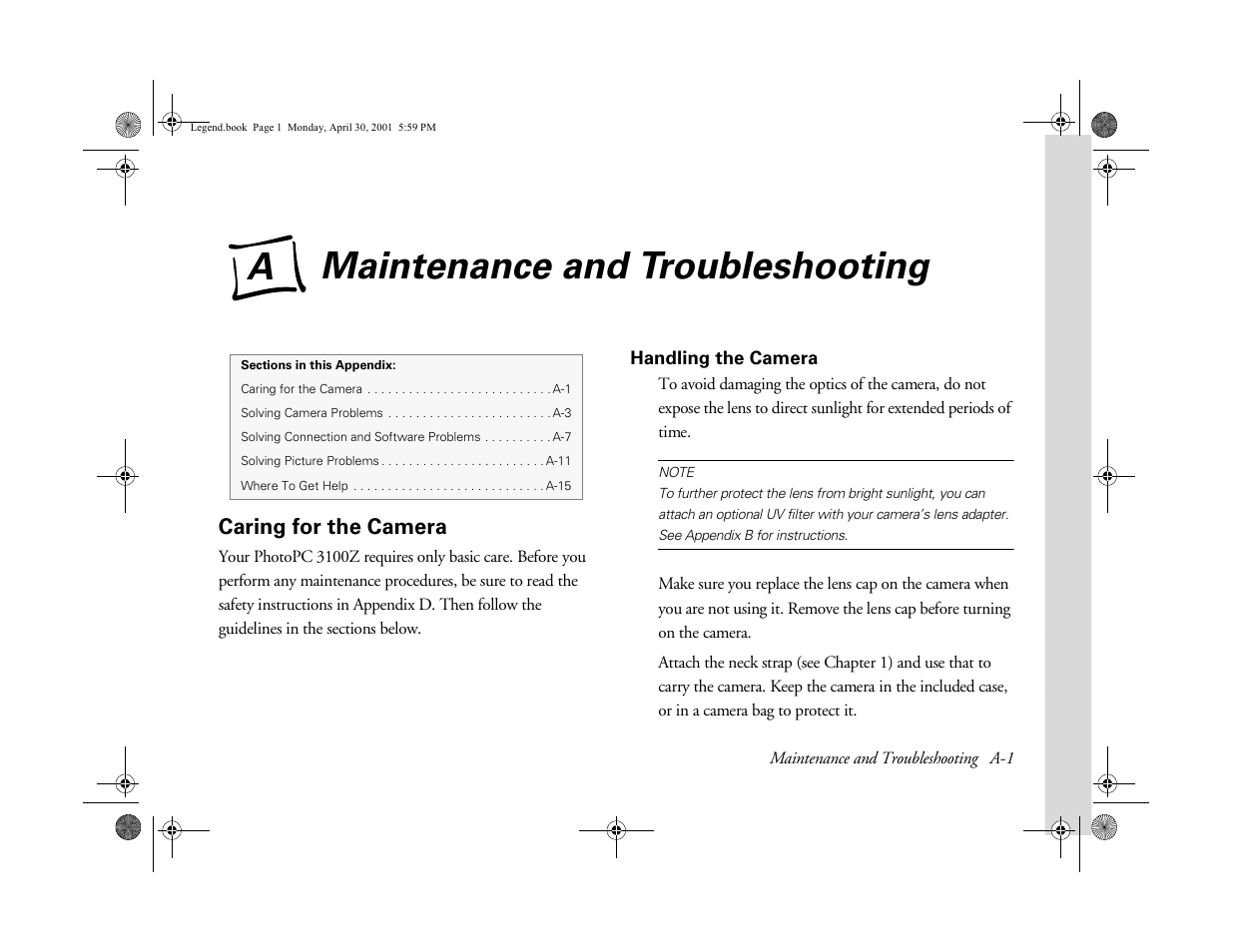 Caring for the camera, Handling the camera, Appendix a-maintenance and troubleshooting | A maintenance and troubleshooting, Maintenance and troubleshooting, Ab usi ng y o ur camera | Epson PhotoPC 3100Z User Manual | Page 138 / 193