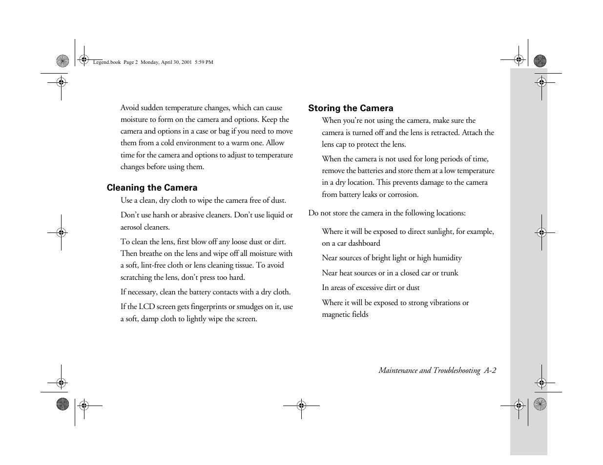 Cleaning the camera, Storing the camera | Epson PhotoPC 3100Z User Manual | Page 139 / 193