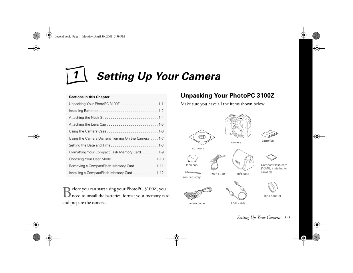 Chap 1-setting up your camera, Unpacking your photopc3100z, Setting up your camera | Unpacking your photopc 3100z, Ab usi ng y o ur camera | Epson PhotoPC 3100Z User Manual | Page 14 / 193