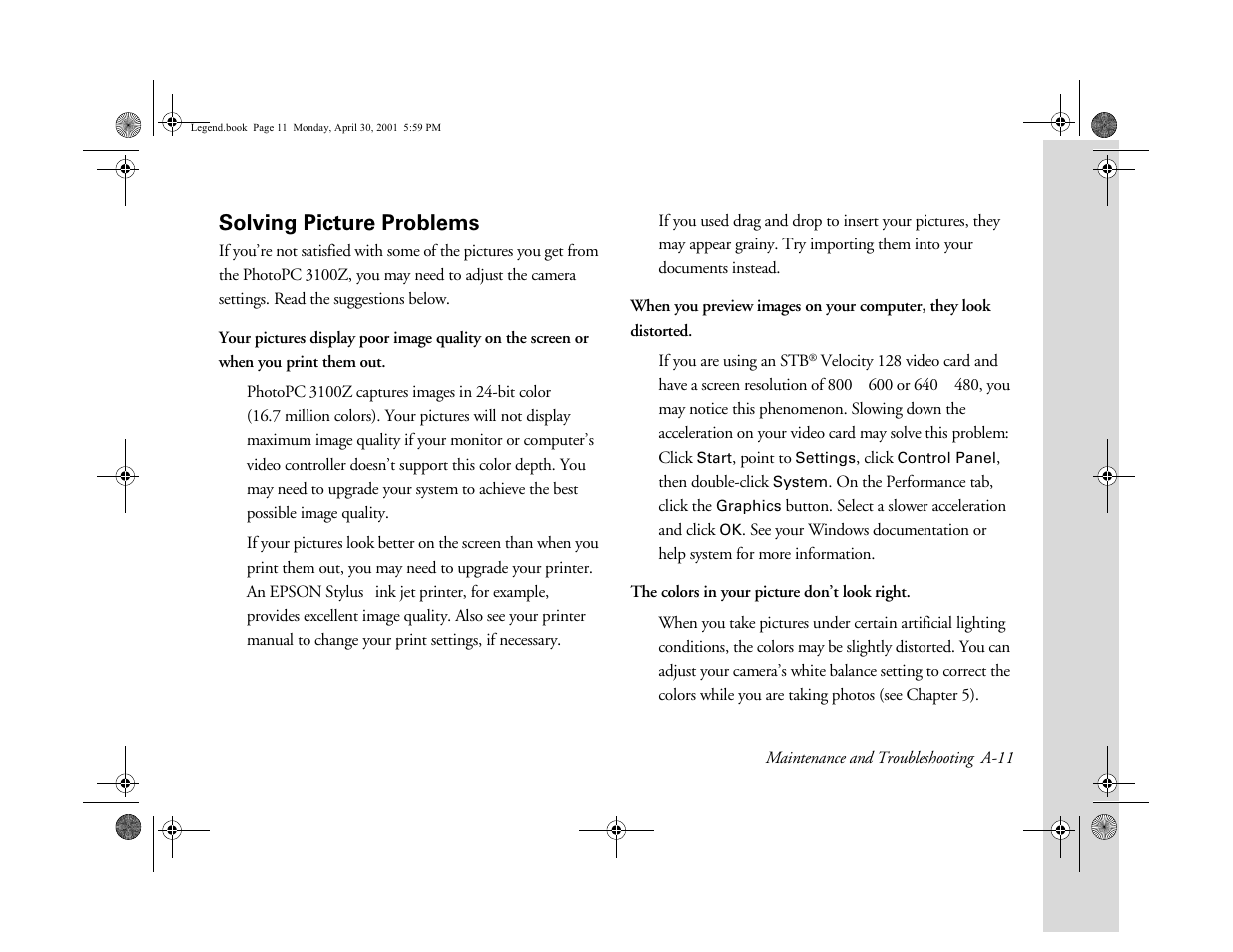 Solving picture problems, A-11 | Epson PhotoPC 3100Z User Manual | Page 148 / 193