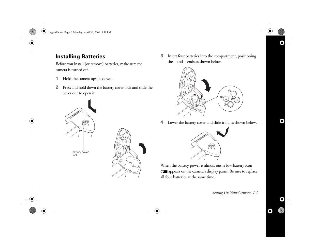 Installing batteries | Epson PhotoPC 3100Z User Manual | Page 15 / 193