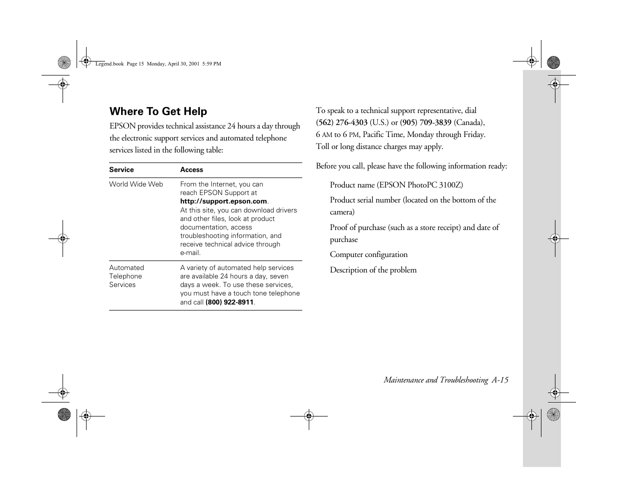 Where to get help, A-15 | Epson PhotoPC 3100Z User Manual | Page 152 / 193