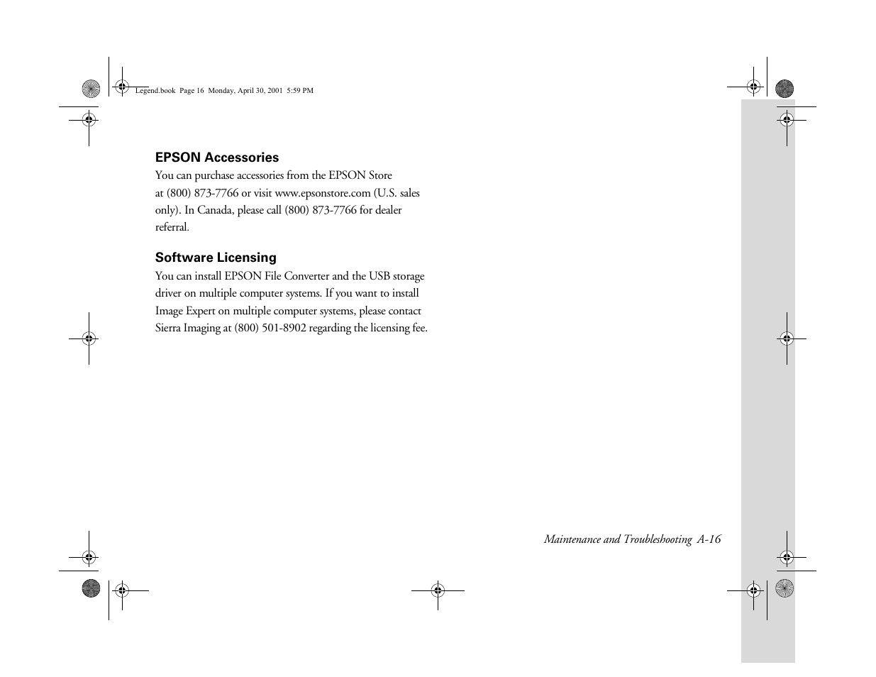 Epson accessories, Software licensing, A-16 | Epson PhotoPC 3100Z User Manual | Page 153 / 193