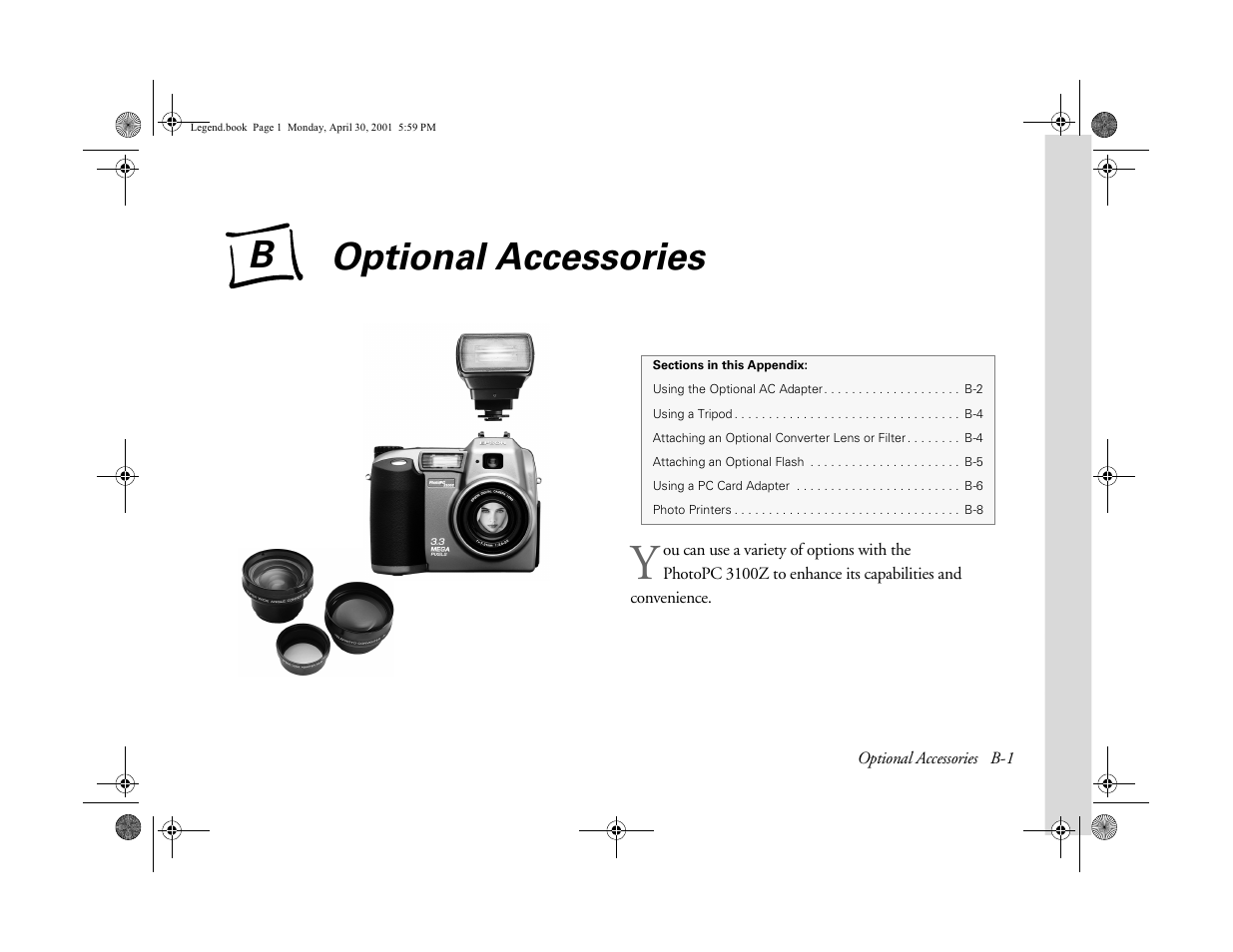 Appendix b-optional accessories, Optional accessories, B optional | Accessories, E appendix b f, Appendix b), And appendix b, Ab usi ng y o ur camera | Epson PhotoPC 3100Z User Manual | Page 154 / 193