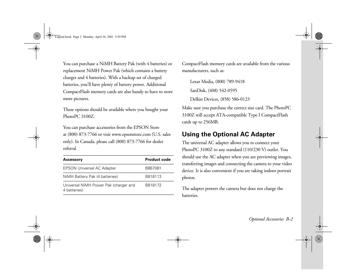 Using the optional ac adapter | Epson PhotoPC 3100Z User Manual | Page 155 / 193